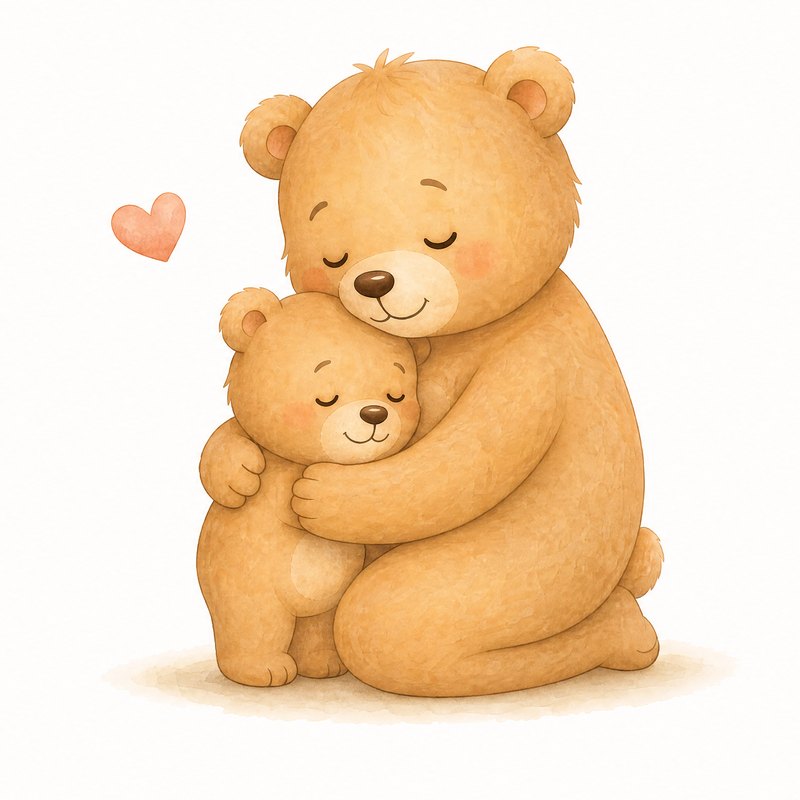 The bear cub tucked in close, held by a larger bear at night